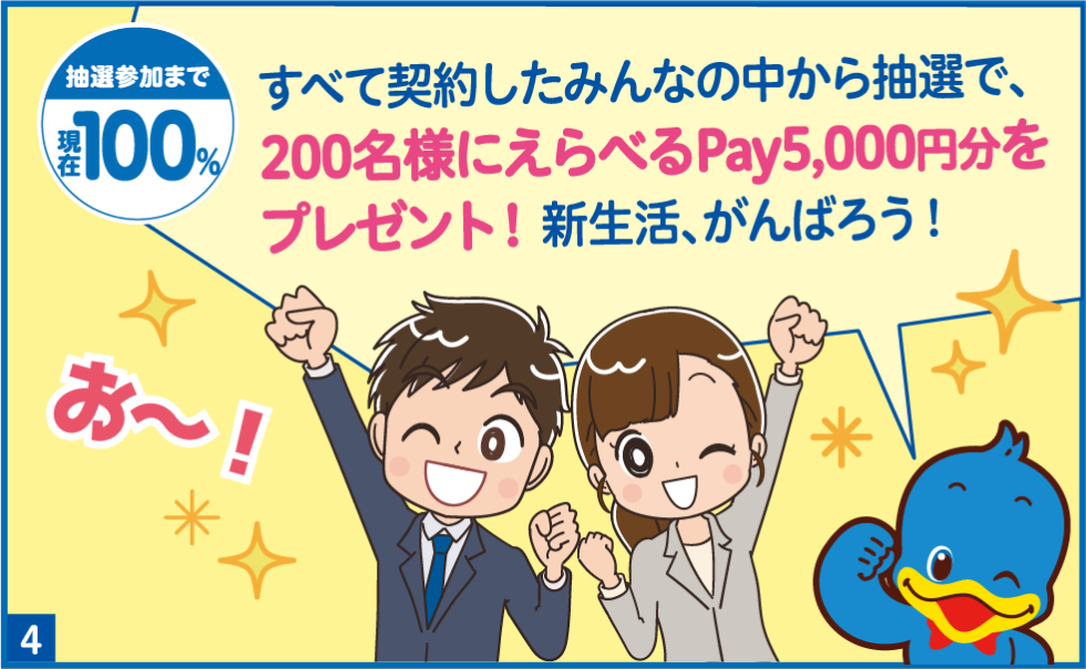 すべて契約したみんなの中から抽選で、200名産にえらべるPay5,000円分をプレゼント!新生活、がんばろう!