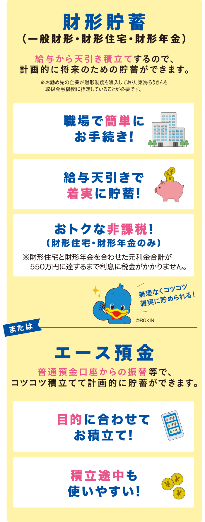 財形貯蓄（一般財形・財形住宅・財形年金）：給与から天引き積立てするので、計画的に将来のための貯蓄ができます。または、エース預金：普通預金口座からの振替等で、コツコツ積立てて計画的に貯蓄ができます。