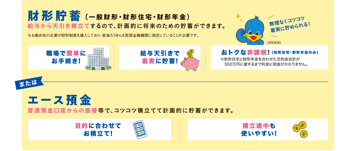 財形貯蓄（一般財形・財形住宅・財形年金）：給与から天引き積立てするので、計画的に将来のための貯蓄ができます。または、エース預金：普通預金口座からの振替等で、コツコツ積立てて計画的に貯蓄ができます。